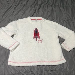 Essentials brand ED white fluffy sweatshirt top Christmas tree joy size small